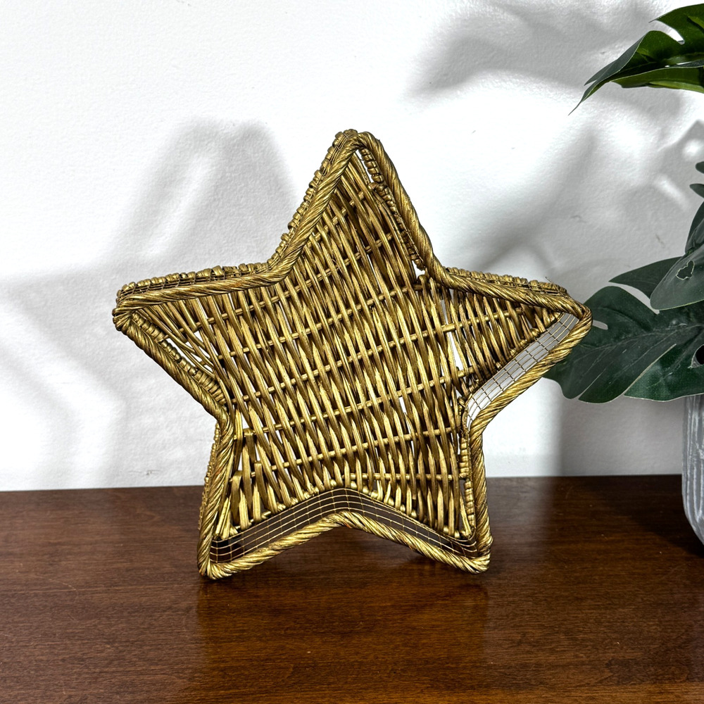 Vintage Gold Star Shaped Wicker Wire Basket Decorative Tray Whimsigoth Decor